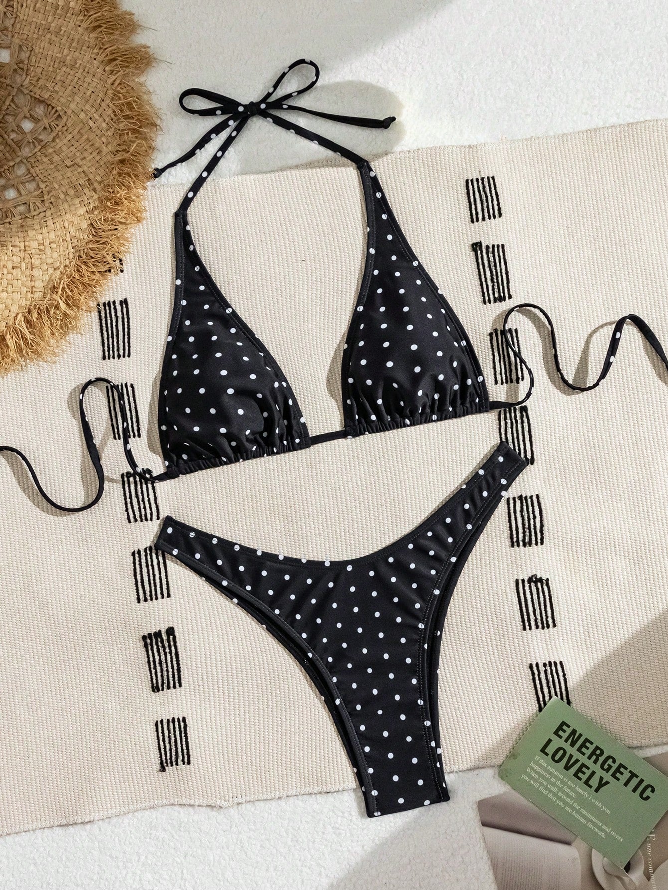 Swim Basics Women 2pcs/Set Polka Dot Printed Bikini Set, Black & White, Casual Resort Wear For Summer Beach Vacation