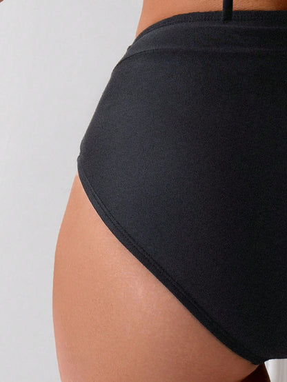 Swim Basics Women's Black High Waist Bikini Bottoms,Full Coverage Tummy Control Swimwear Bottom,Summer Casual Beach Party Holiday Holiday Bathing Suit Underwear