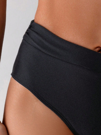 Swim Basics Women's Black High Waist Bikini Bottoms,Full Coverage Tummy Control Swimwear Bottom,Summer Casual Beach Party Holiday Holiday Bathing Suit Underwear
