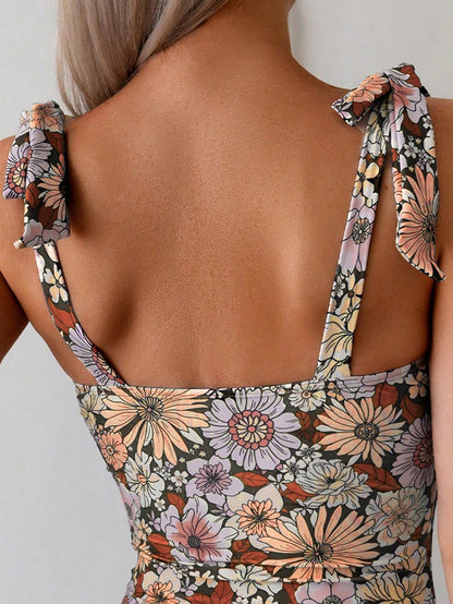 Swim Basics Women's Fitted Floral All-Over Print Sleeveless Cutout Neck Summer Beach Dress