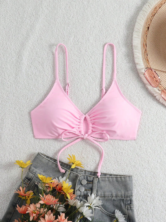 Swim Basics Women's Simple Solid Color Chest Tie Bikini Top, Beach Casual Vacation