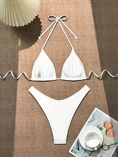 Swim Basics Women's Solid Color Halter Neck Tie Sexy Bikini Set For Summer Beach