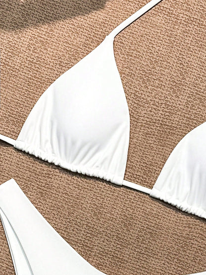 Swim Basics Women's Solid Color Halter Neck Tie Sexy Bikini Set For Summer Beach