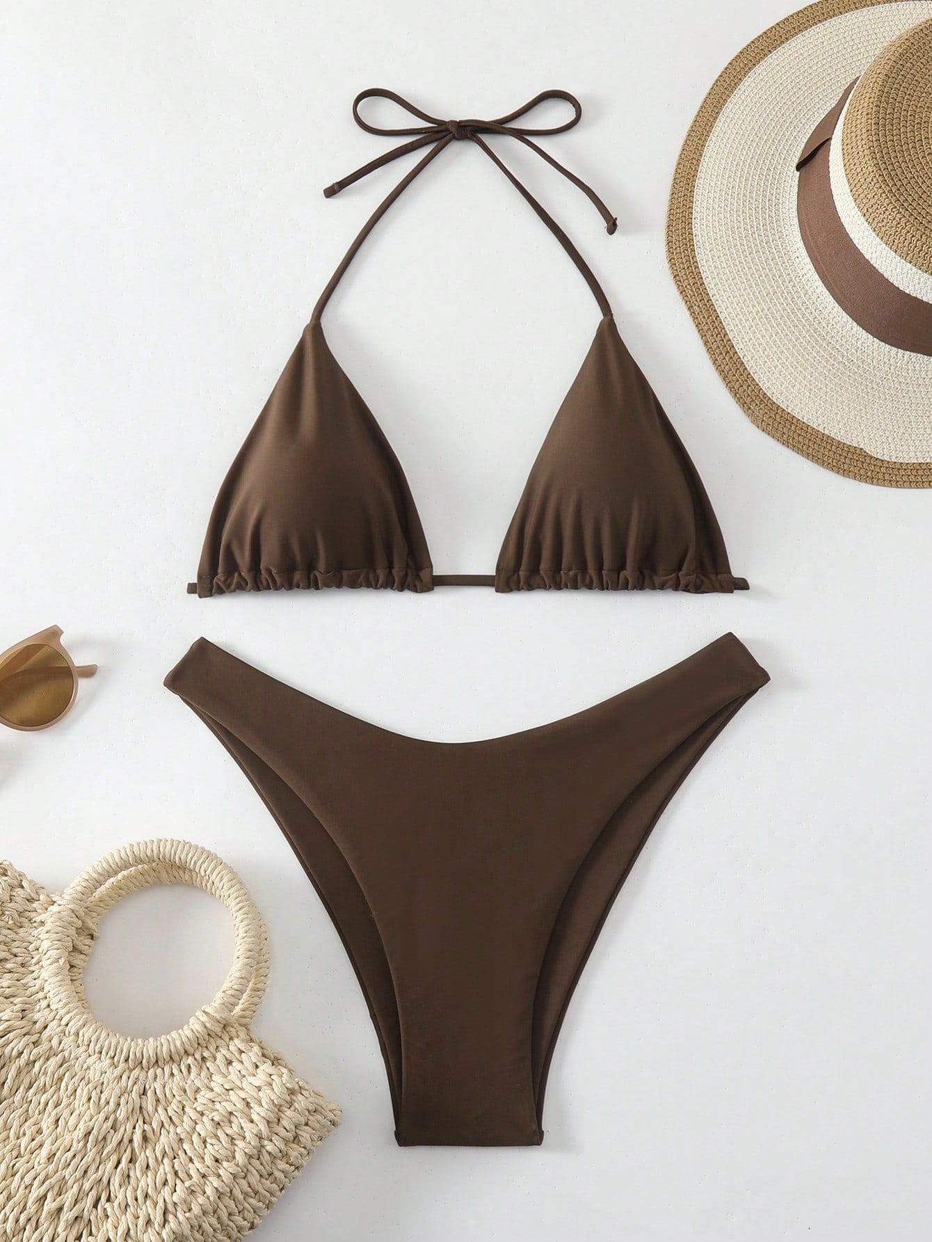 Swim Basics Women's Solid Color Halter Neck Tie Sexy Bikini Set For Summer Beach