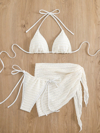 Swim Basics Women's Solid Color Halter Tie Front Sexy Bikini Set With Coverup And Mini Skirt, Summer Beach Style