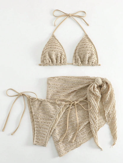 Swim Basics Women's Solid Color Halter Tie Front Sexy Bikini Set With Coverup And Mini Skirt, Summer Beach Style