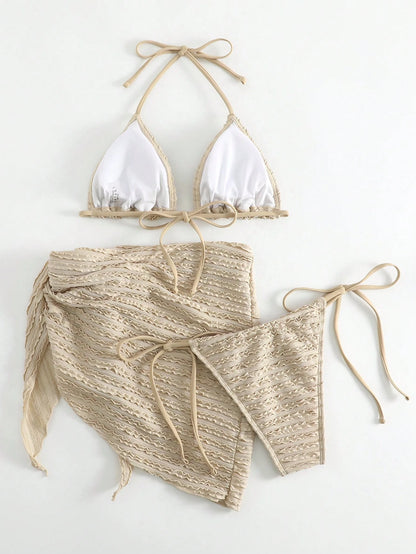 Swim Basics Women's Solid Color Halter Tie Front Sexy Bikini Set With Coverup And Mini Skirt, Summer Beach Style