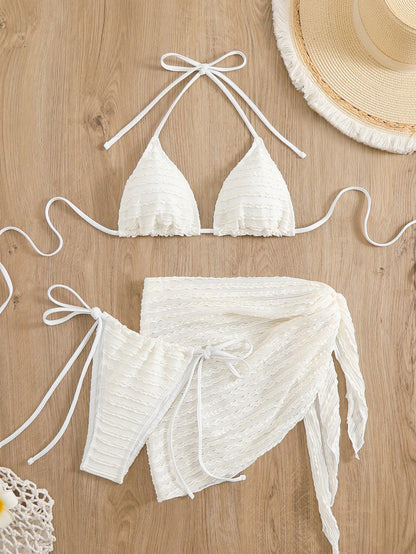 Swim Basics Women's Solid Color Halter Tie Front Sexy Bikini Set With Coverup And Mini Skirt, Summer Beach Style