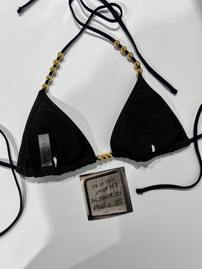 Swim Basics Women's Summer New Sexy Halter Neck Tie Bikini Top With Gold Bead Trim