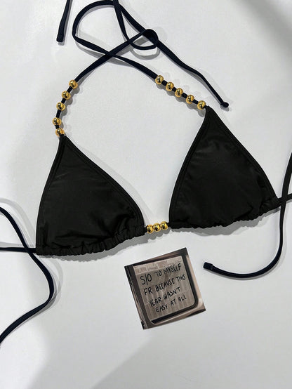 Swim Basics Women's Summer New Sexy Halter Neck Tie Bikini Top With Gold Bead Trim