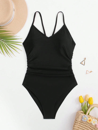 Swim Basics Women's Summer Vacation Beach Solid Color Fitted Ruched Spaghetti Strap One Piece Swimsuit