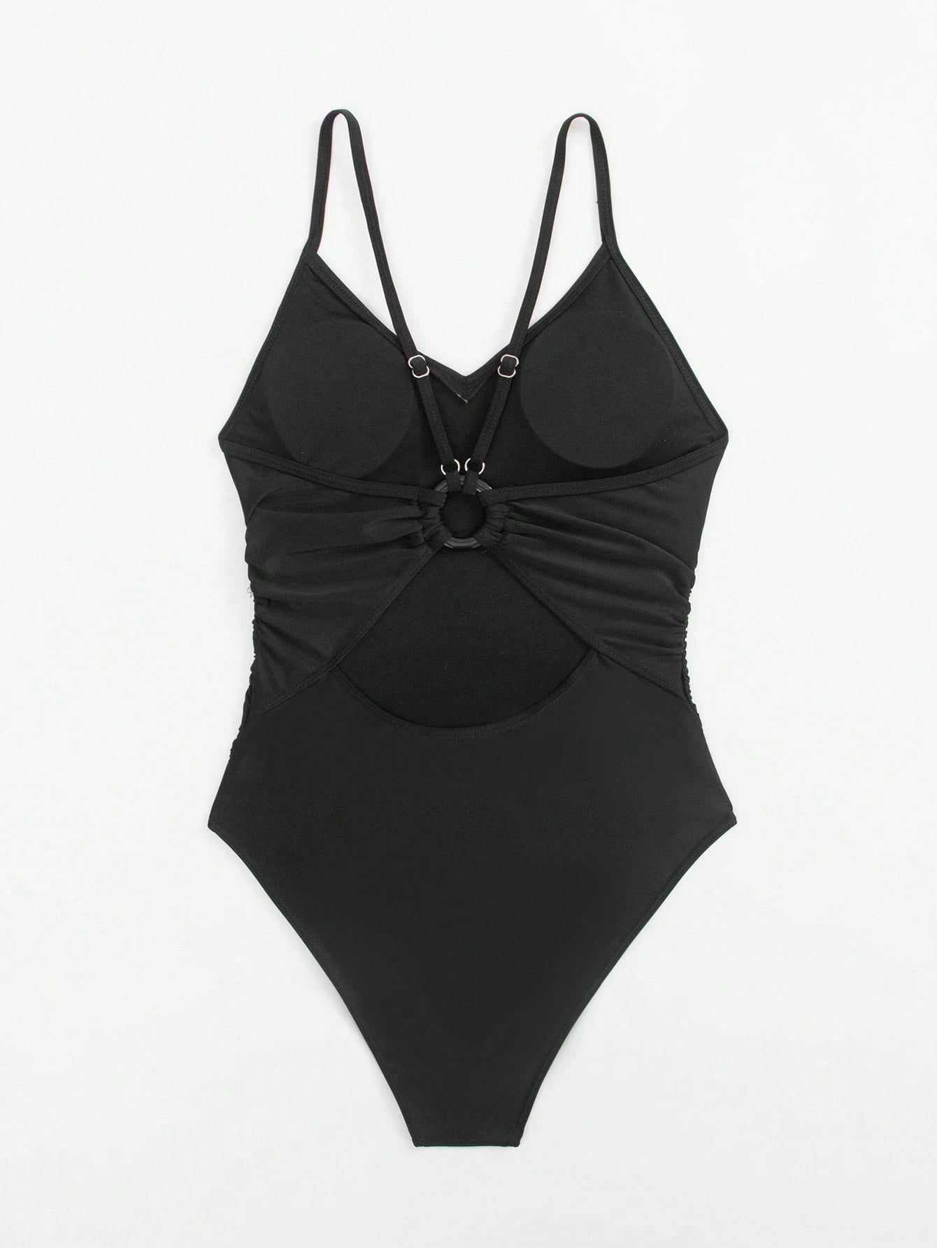 Swim Basics Women's Summer Vacation Beach Solid Color Fitted Ruched Spaghetti Strap One Piece Swimsuit
