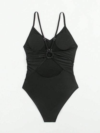 Swim Basics Women's Summer Vacation Beach Solid Color Fitted Ruched Spaghetti Strap One Piece Swimsuit