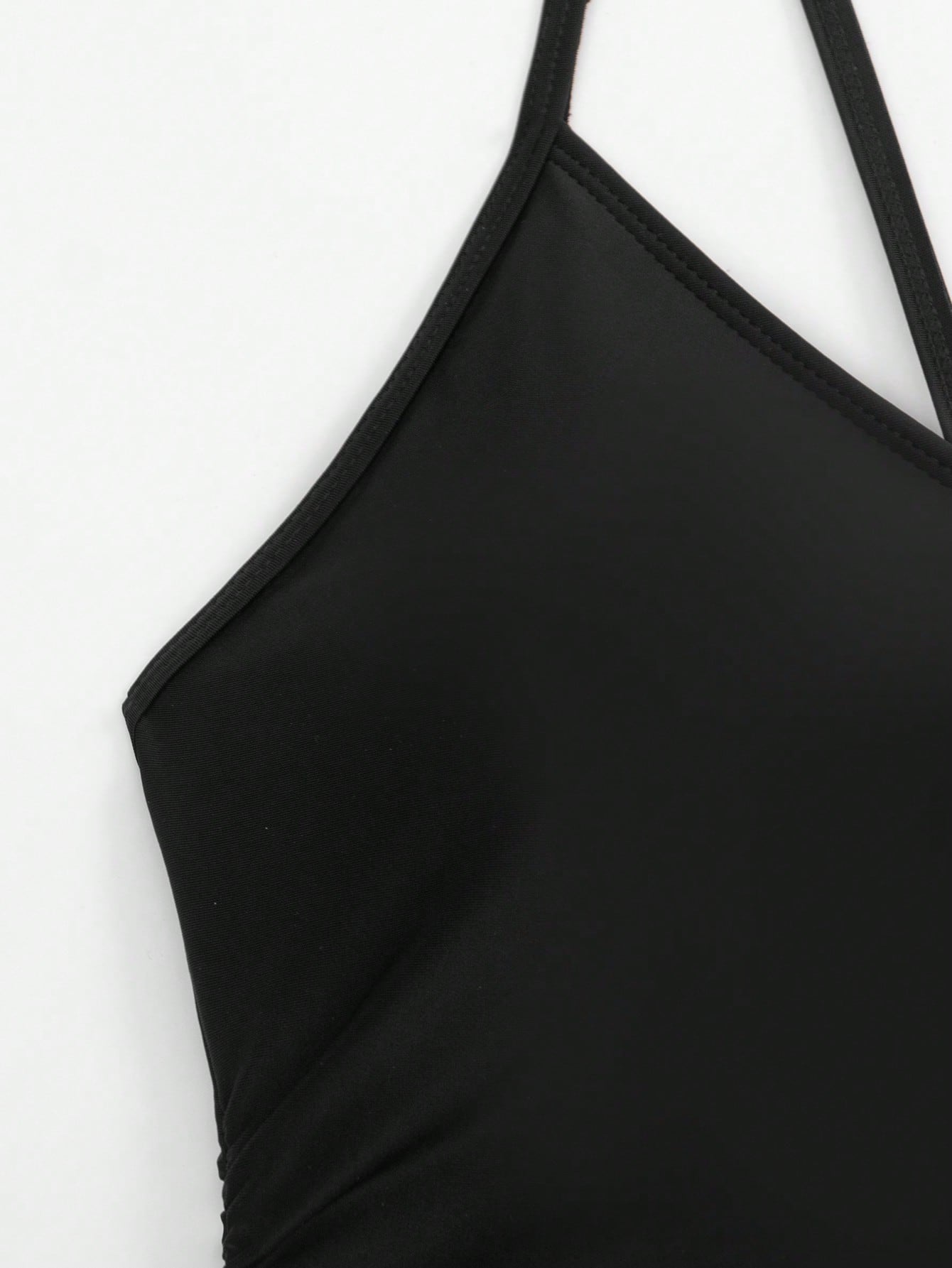 Swim Basics Women's Summer Vacation Beach Solid Color Fitted Ruched Spaghetti Strap One Piece Swimsuit