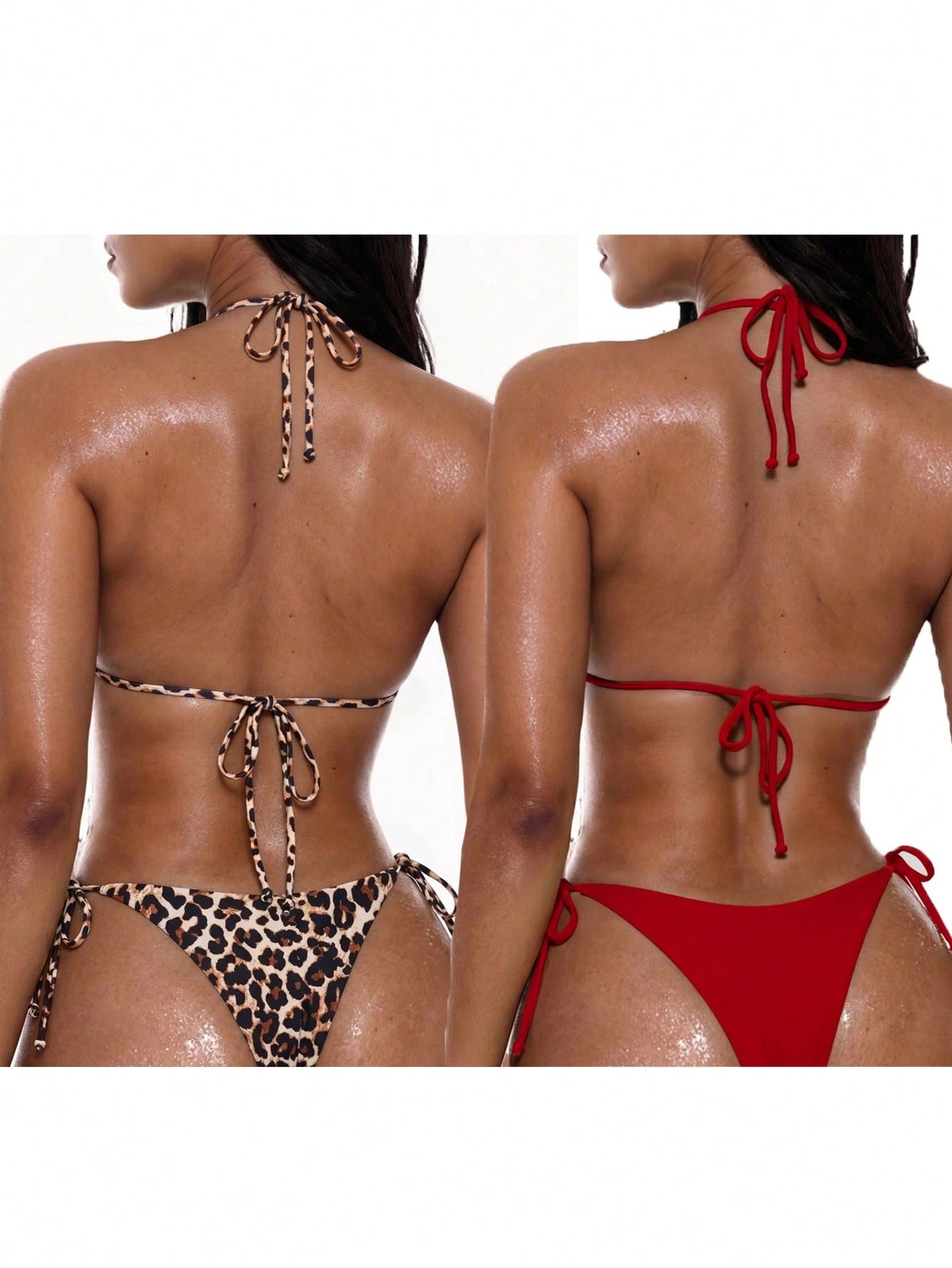 Swim Basics Women's Summer Vacation Casual Beach Wear 4-Piece Set, Solid Color & Leopard Print Bikini With Halter Neck Tie, Sexy Swimwear Set