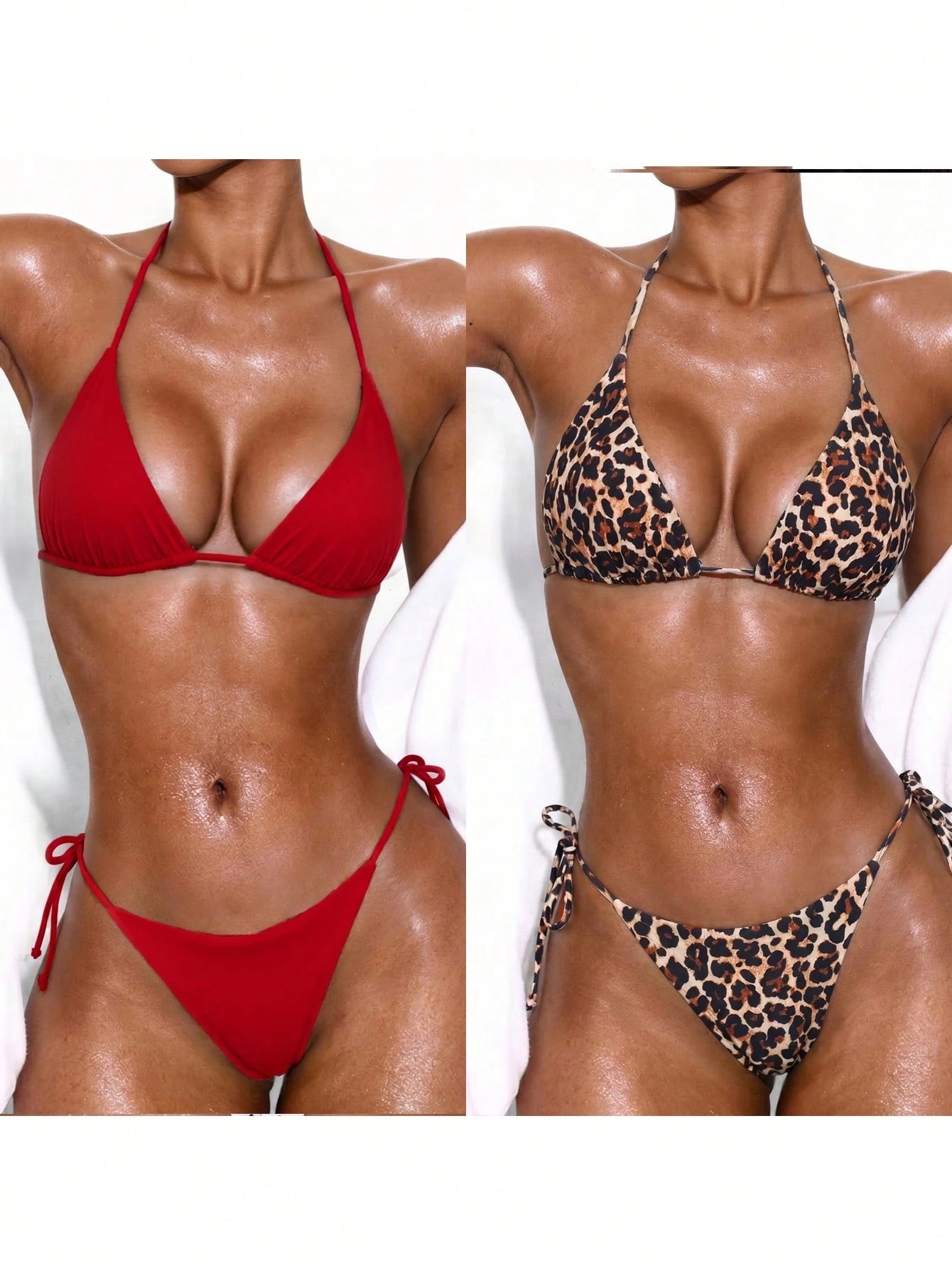 Swim Basics Women's Summer Vacation Casual Beach Wear 4-Piece Set, Solid Color & Leopard Print Bikini With Halter Neck Tie, Sexy Swimwear Set