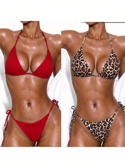 Swim Basics Women's Summer Vacation Casual Beach Wear 4-Piece Set, Solid Color & Leopard Print Bikini With Halter Neck Tie, Sexy Swimwear Set
