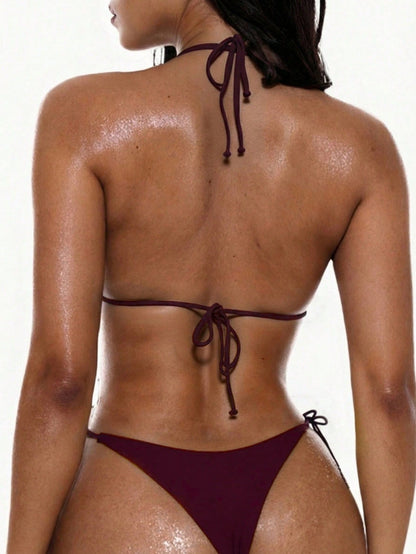 Swim Basics Women's Summer Vacation Casual Beach Wear 4-Piece Set, Solid Color & Leopard Print Bikini With Halter Neck Tie, Sexy Swimwear Set