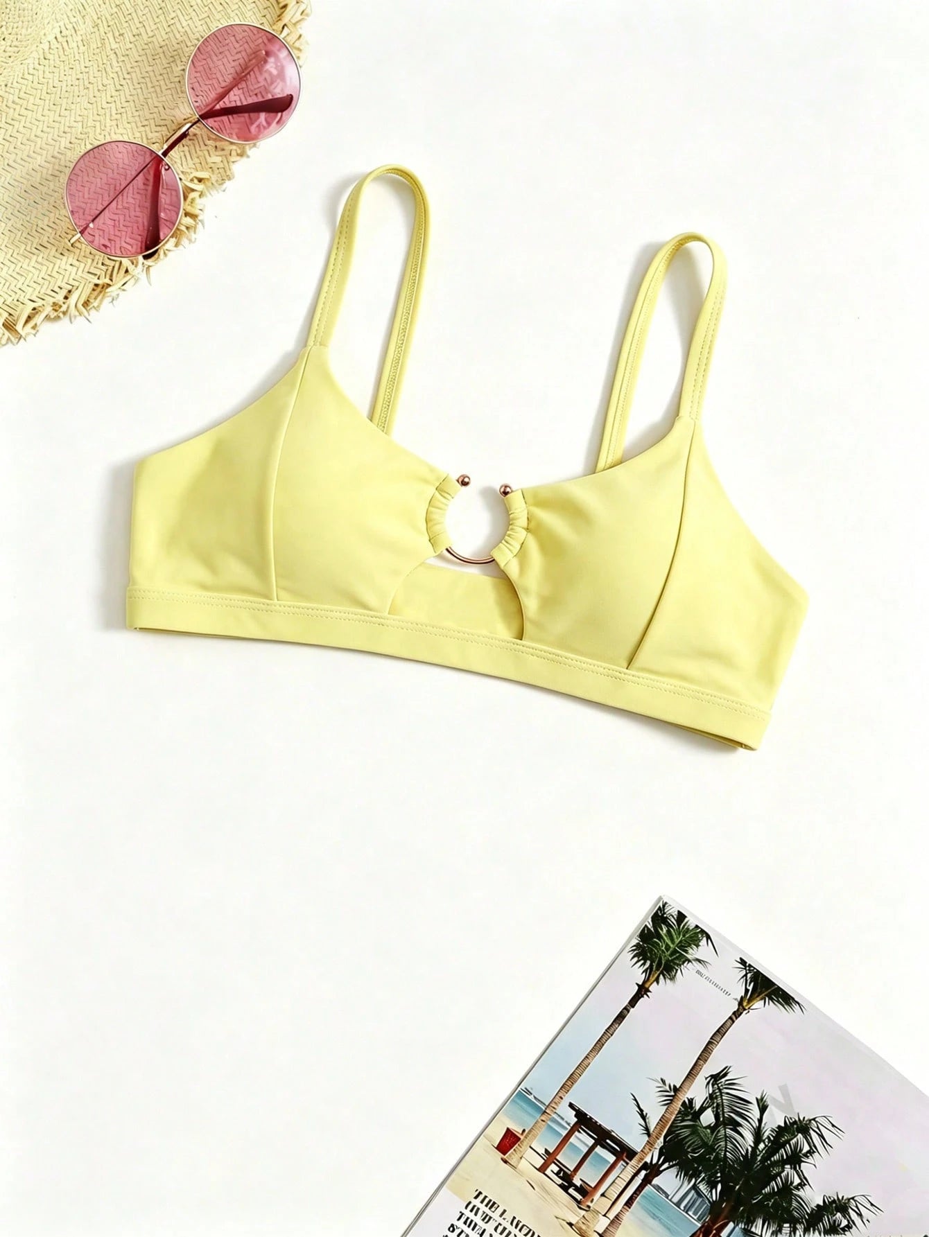 Swim Basics Women's Vacation Metal Buckle Ruched Beach Bikini Swim Top