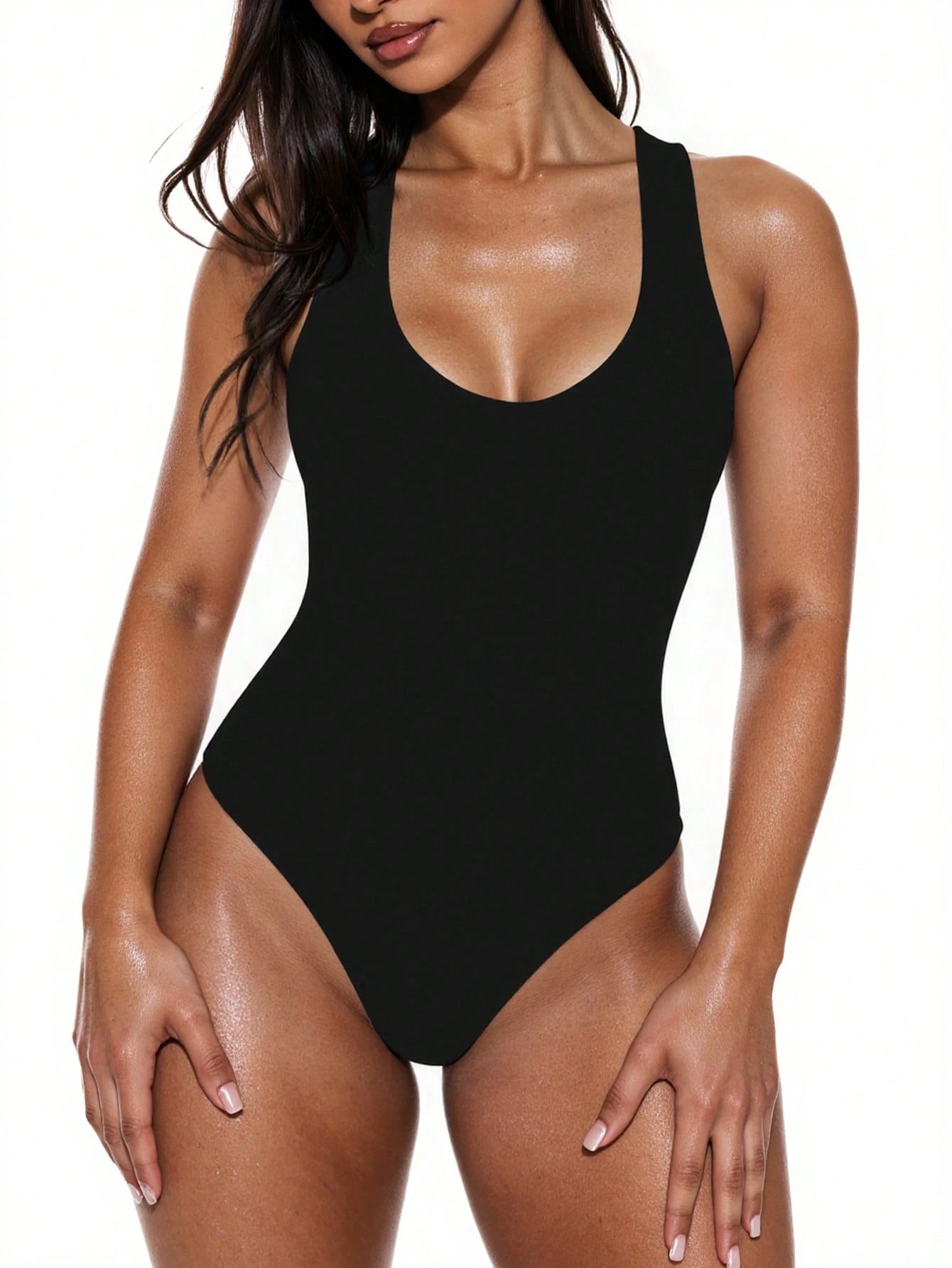Swim Basics Women Solid Color Sleeveless Slim Fit One Piece Swimsuit, Summer Beach Vacation