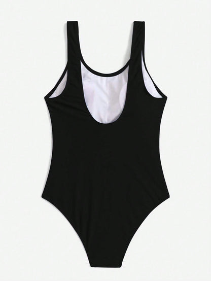 Swim Basics Women Solid Color Sleeveless Slim Fit One Piece Swimsuit, Summer Beach Vacation