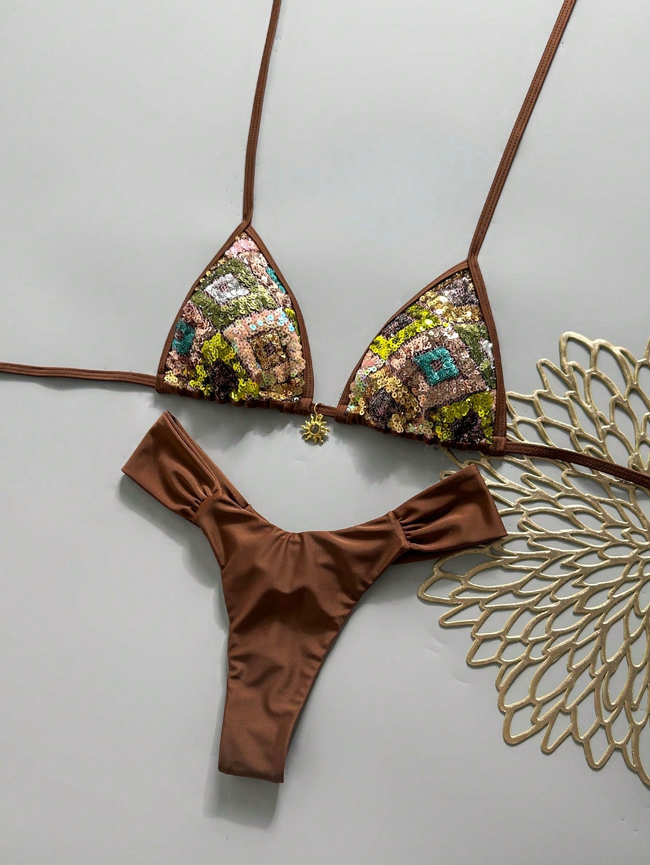 Swim Bonvoyette-D 2-Piece Spring/Summer Vacation Set, Sequin Textured Fabric Top, Solid Color Bottoms With Gold Sun Accessory, Halter Triangle Bikini Top And Bikini Bottoms, Sexy Women's Swimwear Set