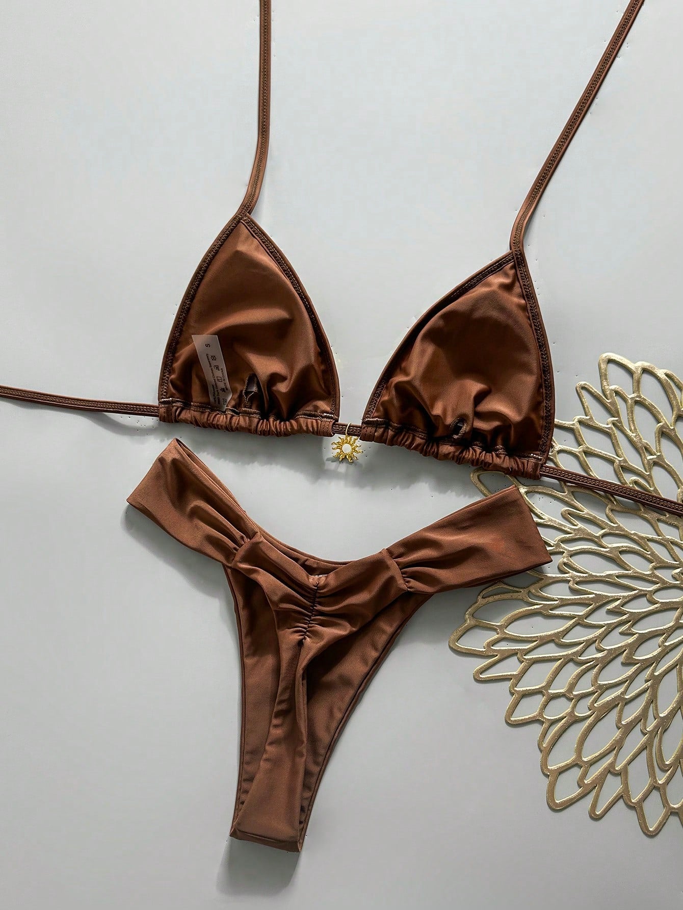 Swim Bonvoyette-D 2-Piece Spring/Summer Vacation Set, Sequin Textured Fabric Top, Solid Color Bottoms With Gold Sun Accessory, Halter Triangle Bikini Top And Bikini Bottoms, Sexy Women's Swimwear Set
