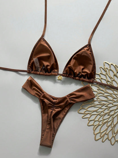 Swim Bonvoyette-D 2-Piece Spring/Summer Vacation Set, Sequin Textured Fabric Top, Solid Color Bottoms With Gold Sun Accessory, Halter Triangle Bikini Top And Bikini Bottoms, Sexy Women's Swimwear Set