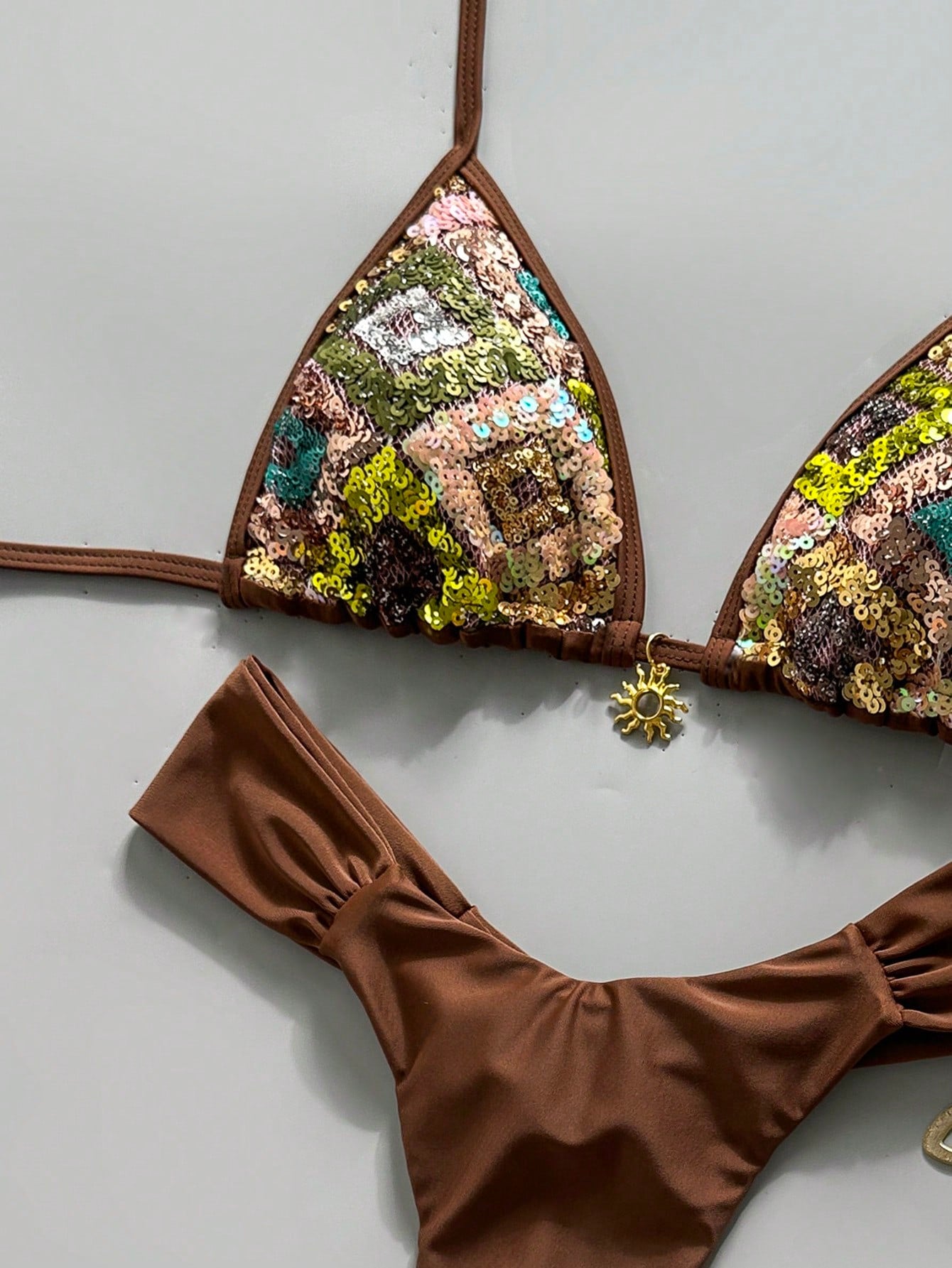Swim Bonvoyette-D 2-Piece Spring/Summer Vacation Set, Sequin Textured Fabric Top, Solid Color Bottoms With Gold Sun Accessory, Halter Triangle Bikini Top And Bikini Bottoms, Sexy Women's Swimwear Set