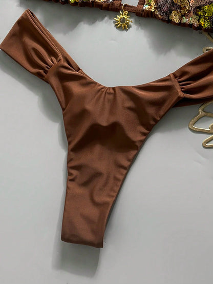Swim Bonvoyette-D 2-Piece Spring/Summer Vacation Set, Sequin Textured Fabric Top, Solid Color Bottoms With Gold Sun Accessory, Halter Triangle Bikini Top And Bikini Bottoms, Sexy Women's Swimwear Set