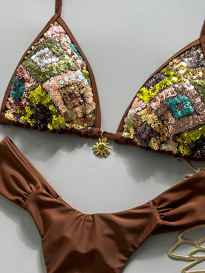 Swim Bonvoyette-D 2-Piece Spring/Summer Vacation Set, Sequin Textured Fabric Top, Solid Color Bottoms With Gold Sun Accessory, Halter Triangle Bikini Top And Bikini Bottoms, Sexy Women's Swimwear Set