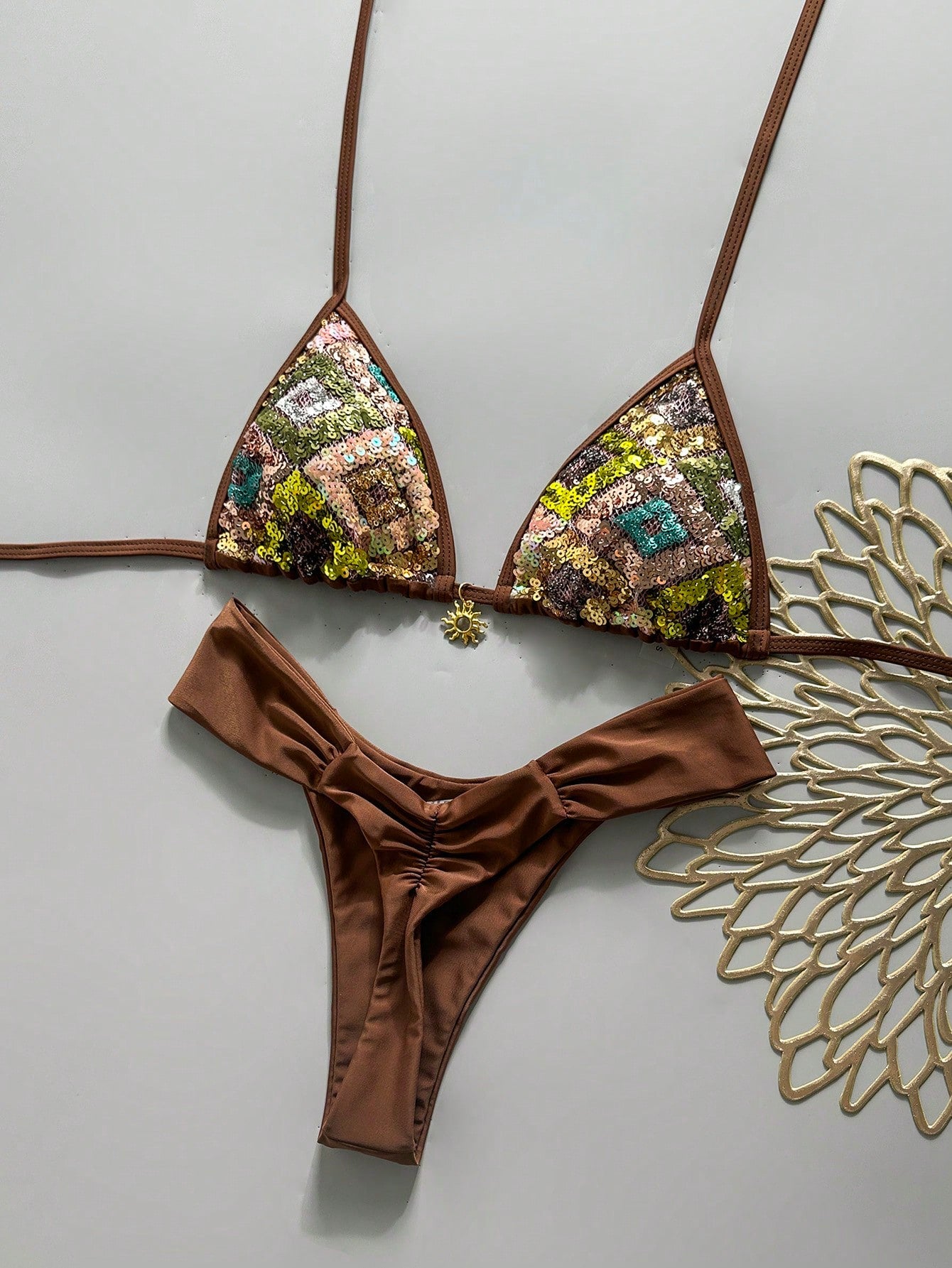 Swim Bonvoyette-D 2-Piece Spring/Summer Vacation Set, Sequin Textured Fabric Top, Solid Color Bottoms With Gold Sun Accessory, Halter Triangle Bikini Top And Bikini Bottoms, Sexy Women's Swimwear Set
