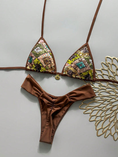 Swim Bonvoyette-D 2-Piece Spring/Summer Vacation Set, Sequin Textured Fabric Top, Solid Color Bottoms With Gold Sun Accessory, Halter Triangle Bikini Top And Bikini Bottoms, Sexy Women's Swimwear Set