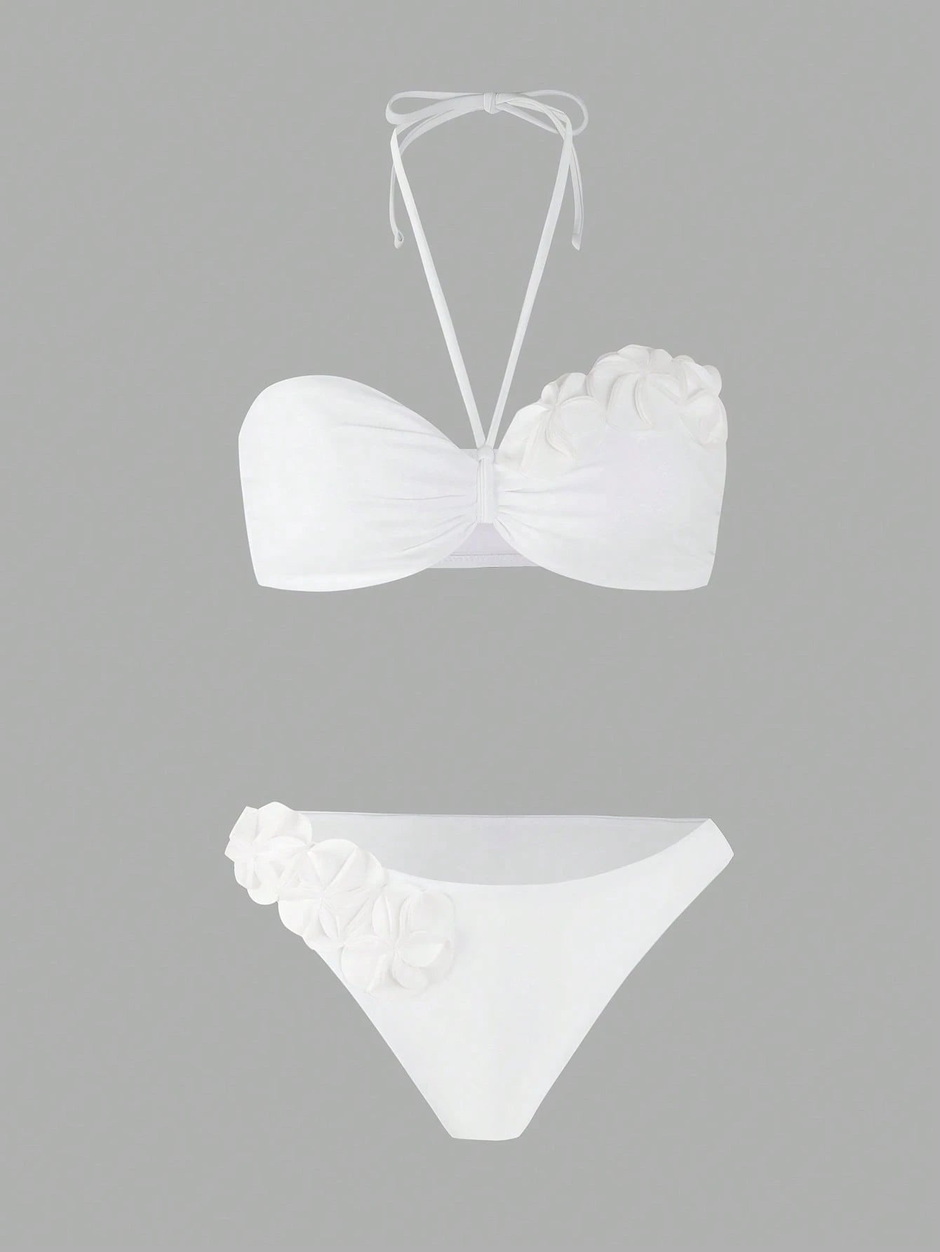 Swim Chiccia 1 Set White Halter Tie Bikini Top And Triangle Bottoms Ruffle Seashell Flower Bow Bridal Bathing Suit,Elegant Summer Holiday Party Vacation Holiday