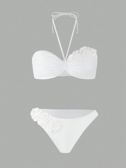 Swim Chiccia 1 Set White Halter Tie Bikini Top And Triangle Bottoms Ruffle Seashell Flower Bow Bridal Bathing Suit,Elegant Summer Holiday Party Vacation Holiday