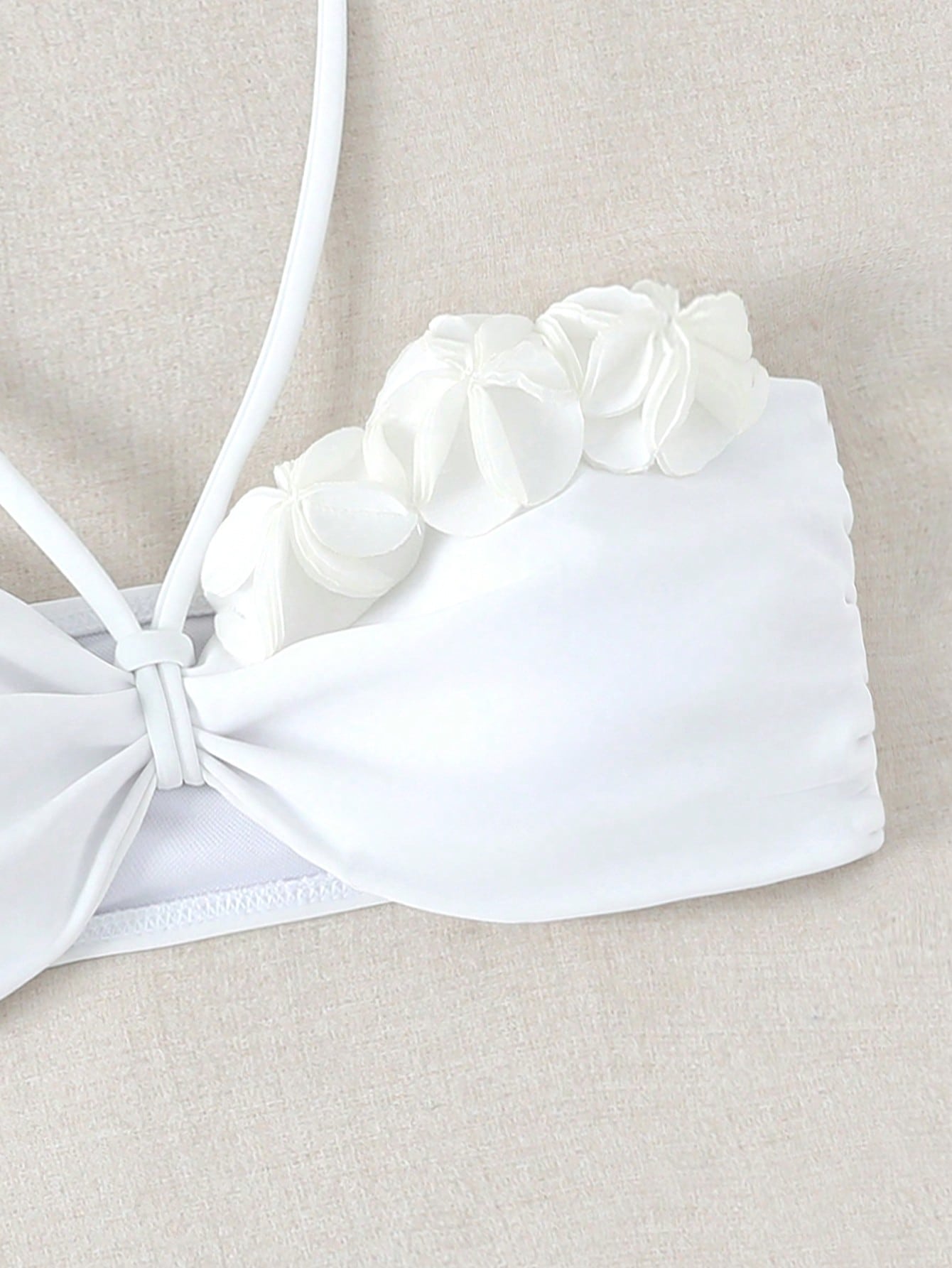 Swim Chiccia 1 Set White Halter Tie Bikini Top And Triangle Bottoms Ruffle Seashell Flower Bow Bridal Bathing Suit,Elegant Summer Holiday Party Vacation Holiday
