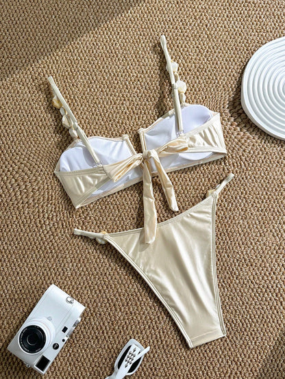 Swim Chiccia 2026 New Women's Summer Beach Elegant Satin Shell Decor Bikini Set Ruched V-Neck Two Pieces Swimwear Summer Beach Outfit, Cream Bathing Suit