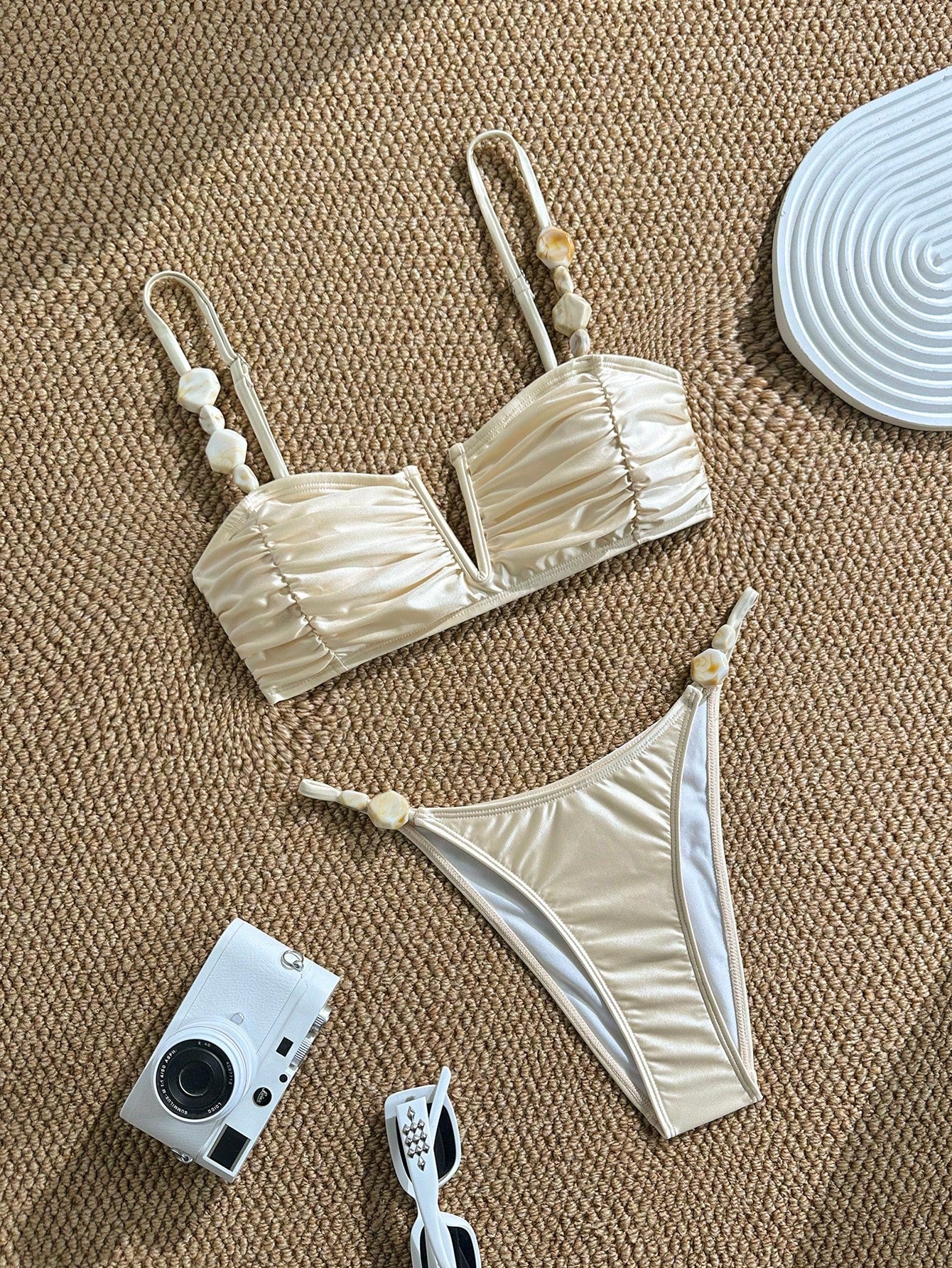 Swim Chiccia 2026 New Women's Summer Beach Elegant Satin Shell Decor Bikini Set Ruched V-Neck Two Pieces Swimwear Summer Beach Outfit, Cream Bathing Suit
