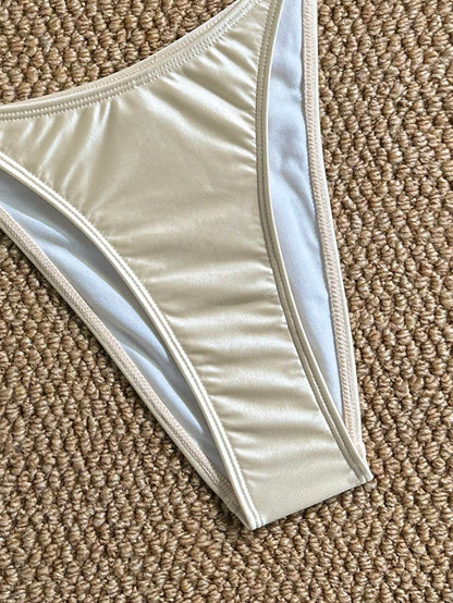Swim Chiccia 2026 New Women's Summer Beach Elegant Satin Shell Decor Bikini Set Ruched V-Neck Two Pieces Swimwear Summer Beach Outfit, Cream Bathing Suit
