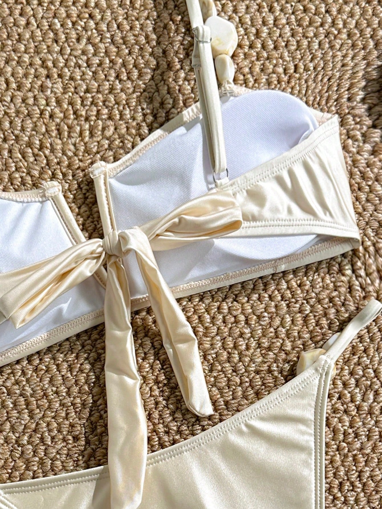 Swim Chiccia 2026 New Women's Summer Beach Elegant Satin Shell Decor Bikini Set Ruched V-Neck Two Pieces Swimwear Summer Beach Outfit, Cream Bathing Suit