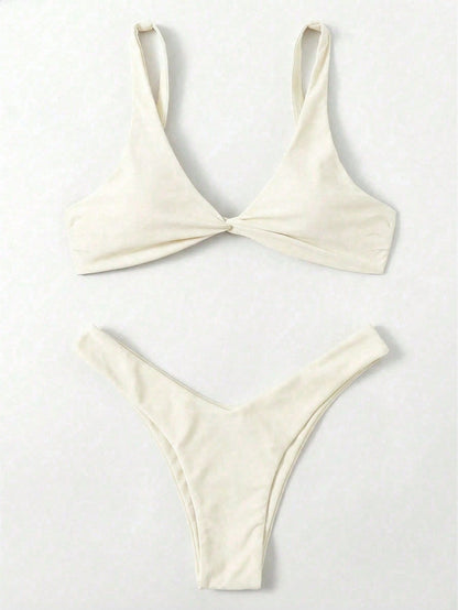 Swim Chiccia 2026SS New Women's White Solid Bikini Set,Summer Modest Push Up Swimsuits,Elegant Vintage Boho Holiday Party Swimwear For Beach,Cruise,Music Festival