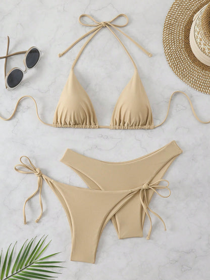 Swim Chiccia 3pcs/Set Women's Solid Ruffled Halter Bikini Set & Minimalist Swim Bottoms With Tie Waist Summer Beach