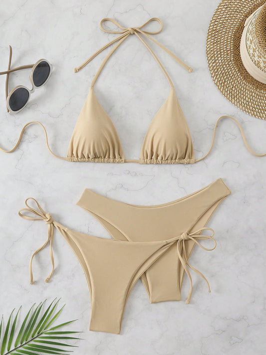 Swim Chiccia 3pcs/Set Women's Solid Ruffled Halter Bikini Set & Minimalist Swim Bottoms With Tie Waist Summer Beach