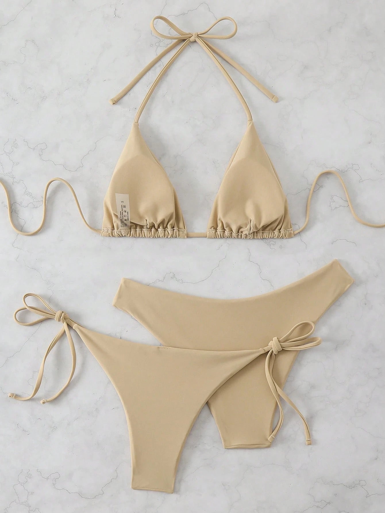 Swim Chiccia 3pcs/Set Women's Solid Ruffled Halter Bikini Set & Minimalist Swim Bottoms With Tie Waist Summer Beach