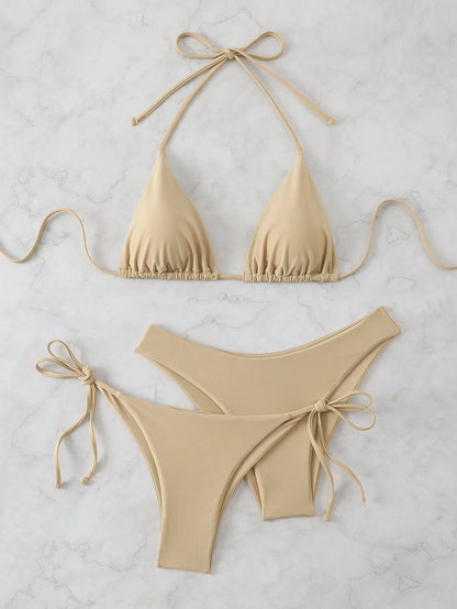 Swim Chiccia 3pcs/Set Women's Solid Ruffled Halter Bikini Set & Minimalist Swim Bottoms With Tie Waist Summer Beach