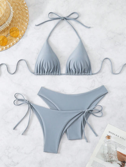 Swim Chiccia 3pcs/Set Women's Solid Ruffled Halter Bikini Set & Minimalist Swim Bottoms With Tie Waist Summer Beach