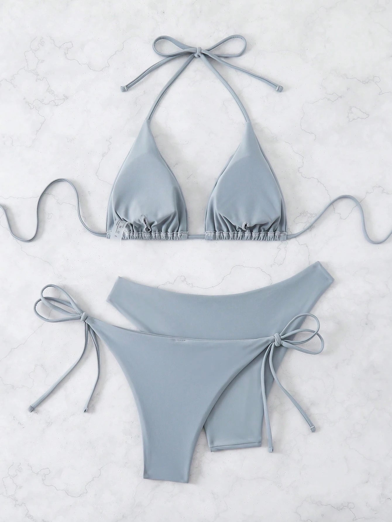Swim Chiccia 3pcs/Set Women's Solid Ruffled Halter Bikini Set & Minimalist Swim Bottoms With Tie Waist Summer Beach