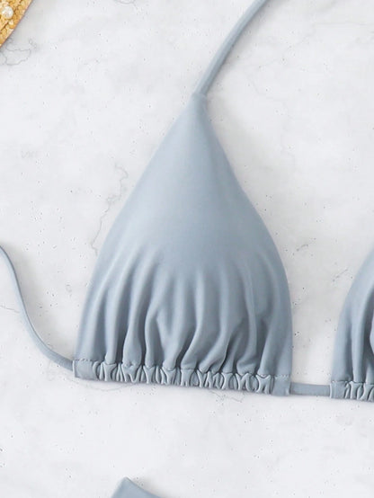 Swim Chiccia 3pcs/Set Women's Solid Ruffled Halter Bikini Set & Minimalist Swim Bottoms With Tie Waist Summer Beach