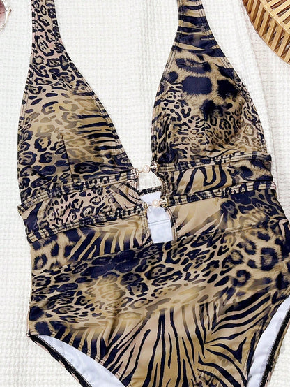 Swim Chiccia Leopard Print Plunge Neck Sexy Backless Swimsuit, Festival Boho For Summer Beach Vacation