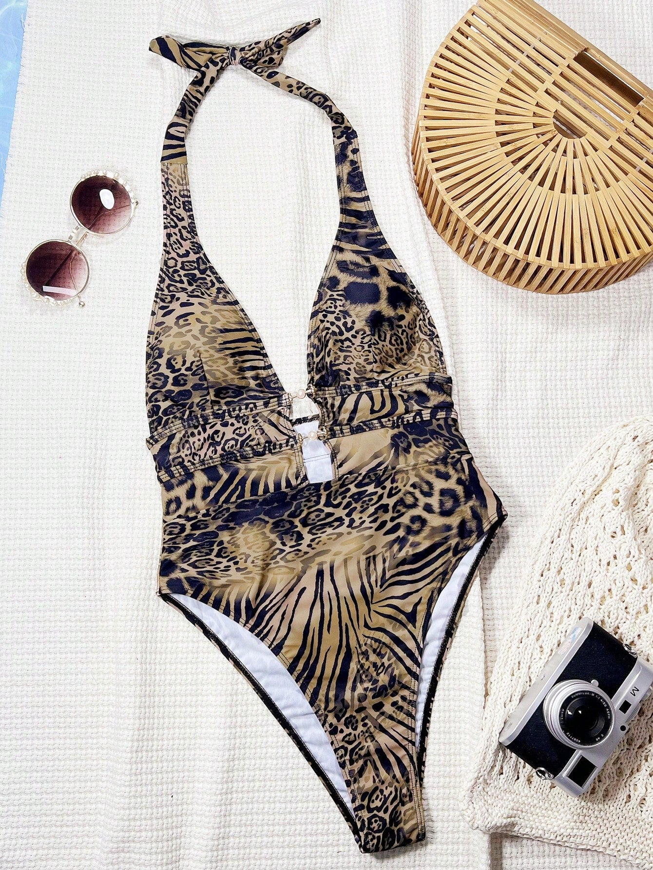 Swim Chiccia Leopard Print Plunge Neck Sexy Backless Swimsuit, Festival Boho For Summer Beach Vacation
